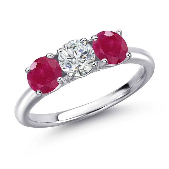 Gem Stone King 925 Sterling Silver Lab Grown Diamond and Red Ruby Engagement Ring for Women | 1.60 Cttw | Round 5MM | Gemstone April Birthstone | Size 6