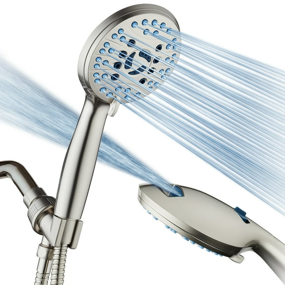 AquaCare High Pressure 8-mode Handheld Shower Head, Built-in Power Wash to Clean Tub, Tile & Pets, Extra Long 6 ft. Stainless Steel Hose, Wall & Overhead Brackets