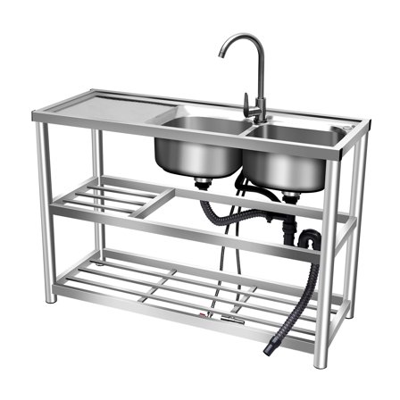 Autrinix Freestanding Portable Kitchen Sink with Hot & Cold Water, Commercial-Grade Stainless Steel Sink, Ideal for Garage, Laundry, and Outdoor Use with Storage Shelves