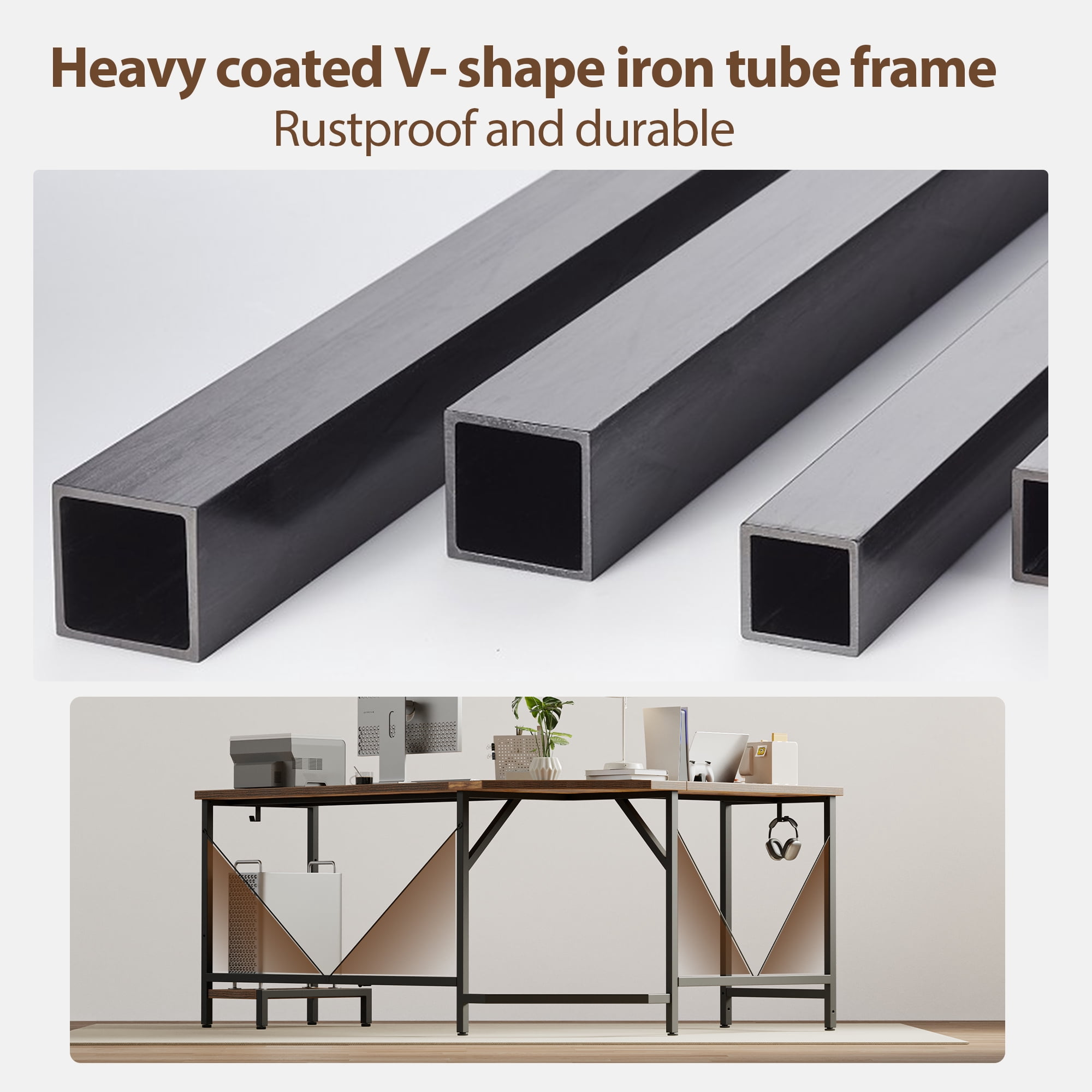 66.93 Inch L-Shaped Desk for Home Office, Corner Computer Desk for Workstations, Gaming Desk with Tower Shelf and Hooks,Rustic Brown