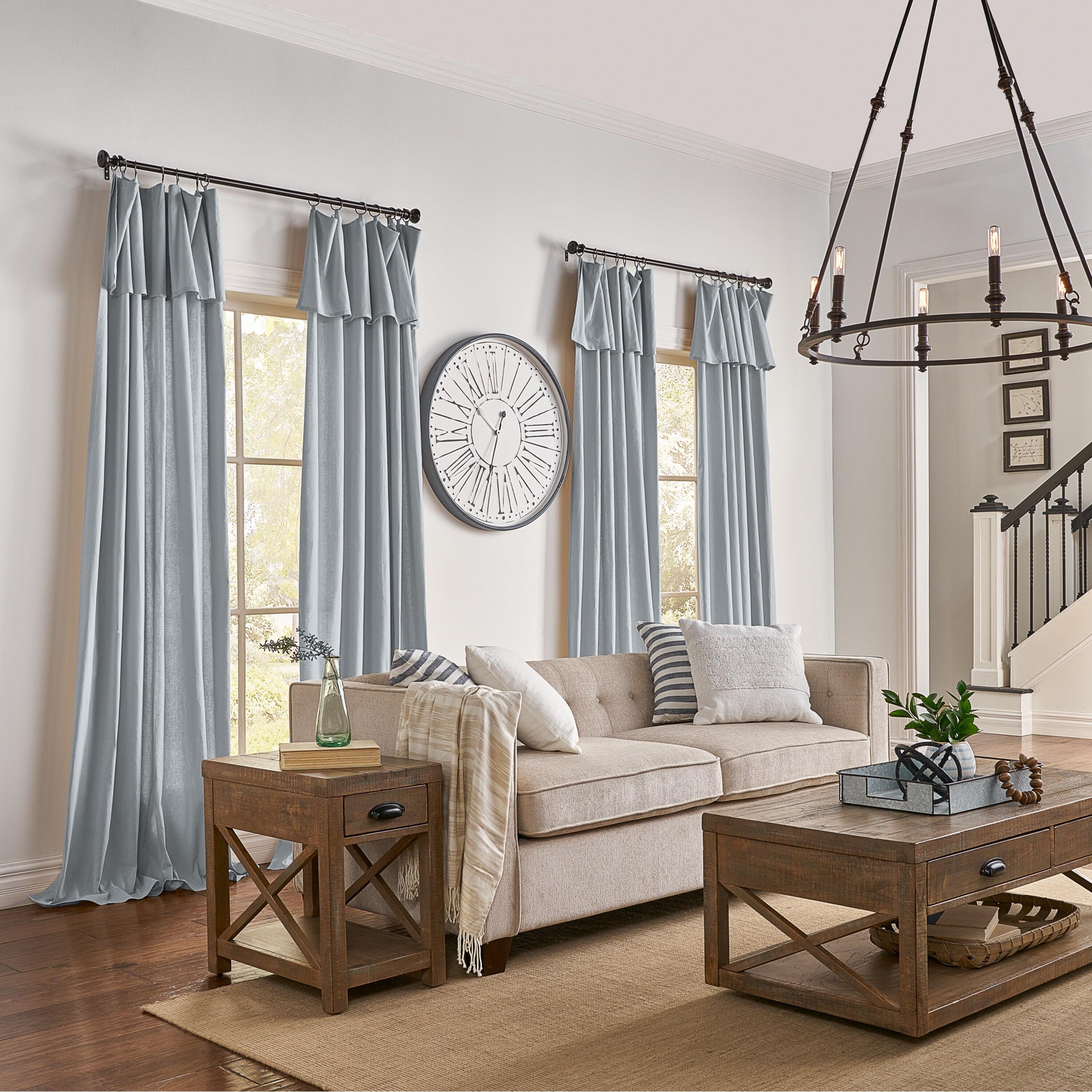 Mercantile Drop Cloth Light Filtering Ring Top Tab Farmhouse Curtain Panel with Valance Wave Blue 95 Inches