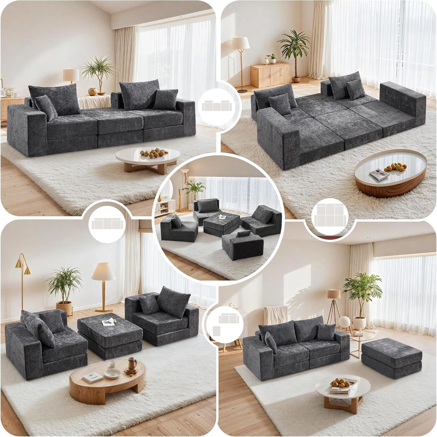 79" Boneless Cloud Loveseat Sofa with Ottoman, Modular Chenille Convertible Floor Couch Bed, No Assembly, Dark Gray