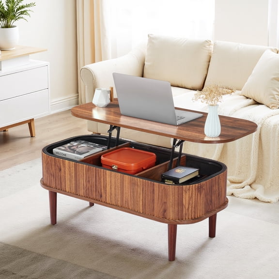 KFFKFF 39.4 in Lift Top Coffee Table, Oval Wooden Coffee Table with Storage, Mid-Century Design Center Table for Home and Office, Walnut Finish