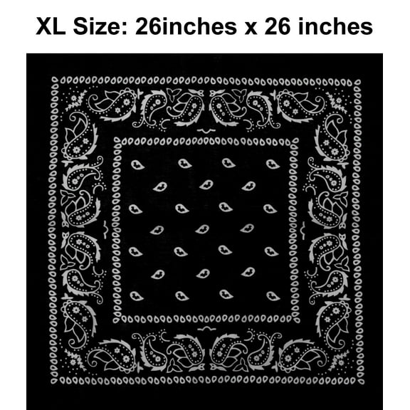 Black Paisley Design XL 26 X 26 Cotton Scarf Bandana (22 inches x 22 inches)