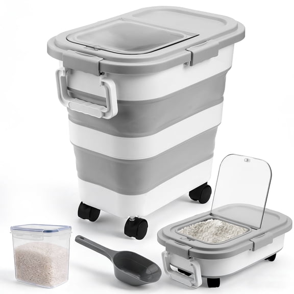 Lumikrypt 25 lbs Collapsible Airtight Dog and Cat Food Storage Containers with Wheels,35 lbs Rice Storage Containers with Food Scoop, Dry Food Storage Container