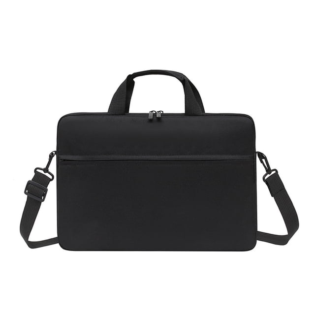 Water-Resistant Laptop Messenger Bag - Sleek Shoulder Tote for 15-Inch Laptops or Tablets, crafted from black water-repellent fabric with a front zipper pocket, adjustable padded shoulder strap, and dual handles. Features a reinforced padded compartment for shock absorption and scratch protection. Ideal for electronics accessories and travel-friendly use, with a trolley suitcase belt for convenience.