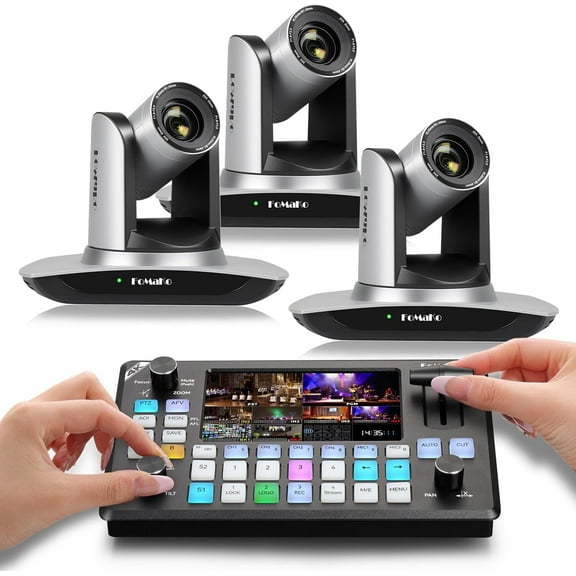 FoMaKo AI Auto Tracking HDMI PTZ Camera, 20x Optical Zoom(3pcs),KC602 Video Mixer Switcher,for Church,Conference Live Streaming and Live Production(.FMK12UHX3 KC602)