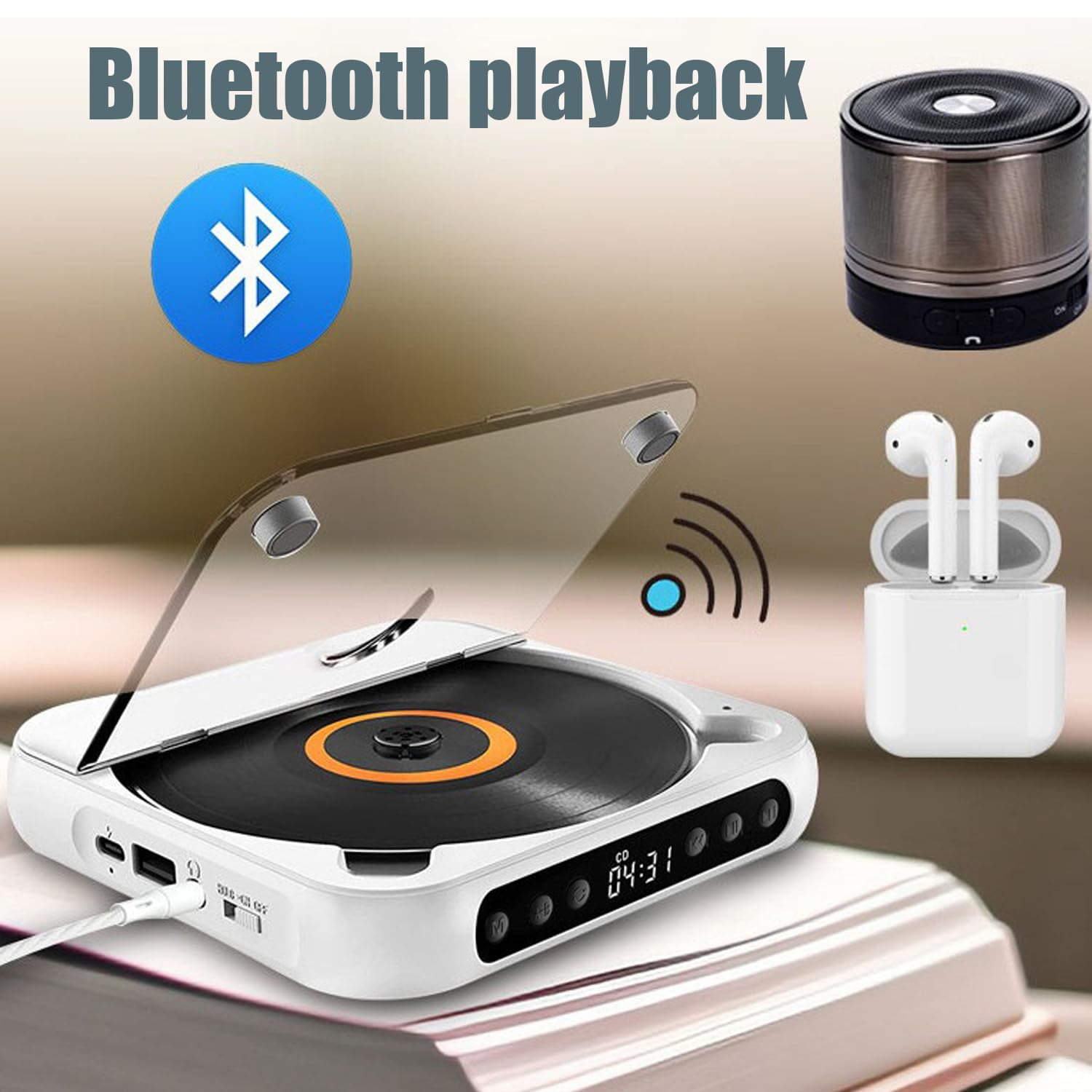 Yuguz Portable CD Player, New Bluetooth-Compatible CD-Player with Headphones, Supports CD/USB/BT and Repeat Modes, Mini Rechargeable Discman for Home, Office, Travel (Black)