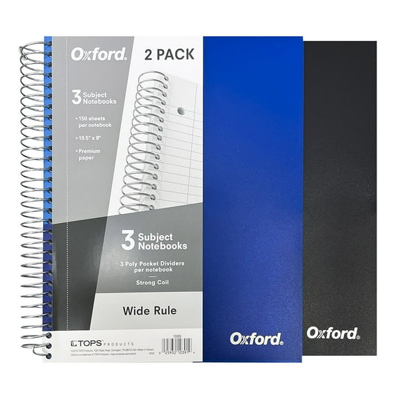 Cuaderno con espiral Oxford con 3 Div. Tamaño carta, 150 hojas, Paq. 2 cuadernos (azul y negro)
