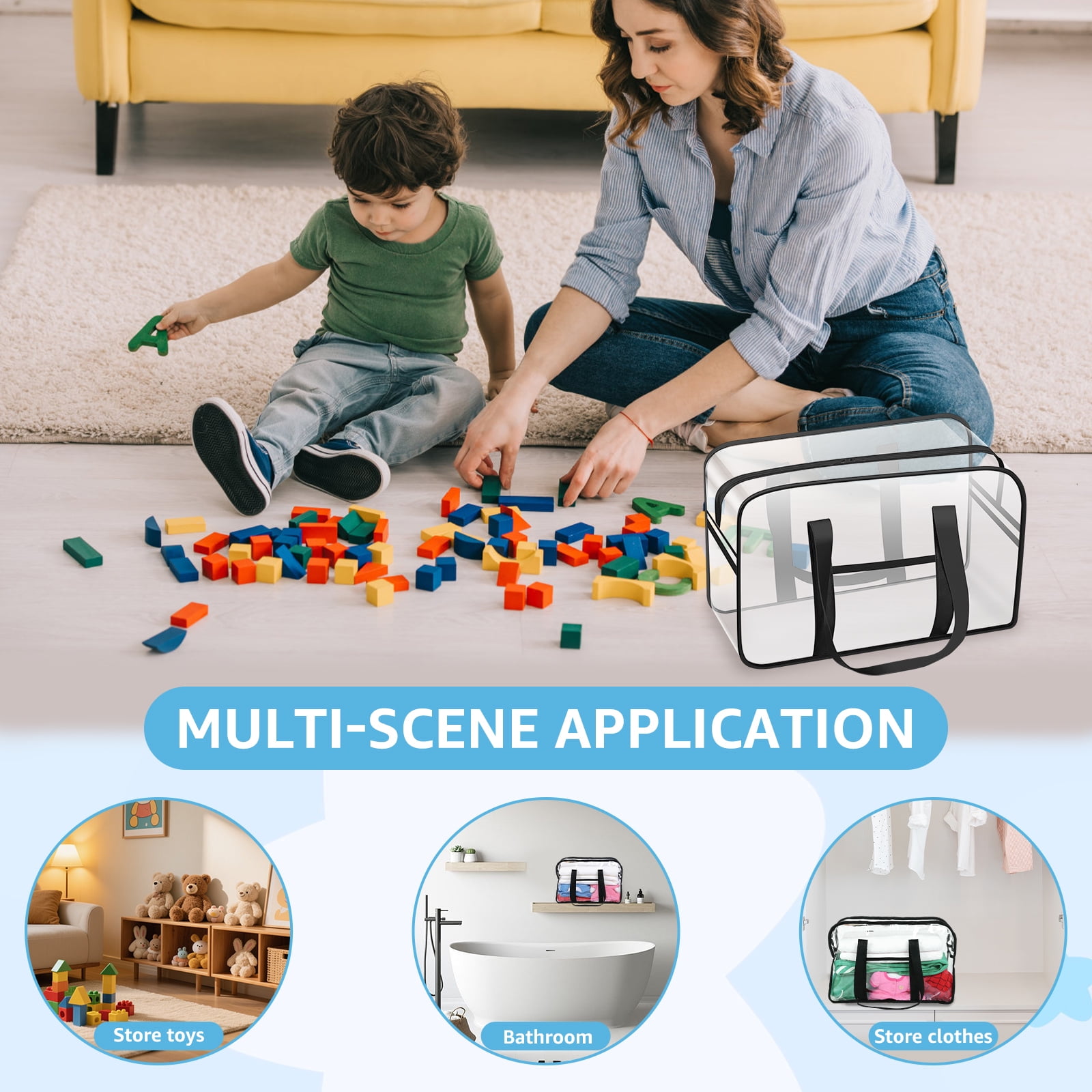 FKSZLL 2Pcs Toy Storage Bags PVC Clear Organizer Bags with Zipper and Handles for Building Block Puzzle Book Board Game Portable Cosmetic Bag for Home and Traveling