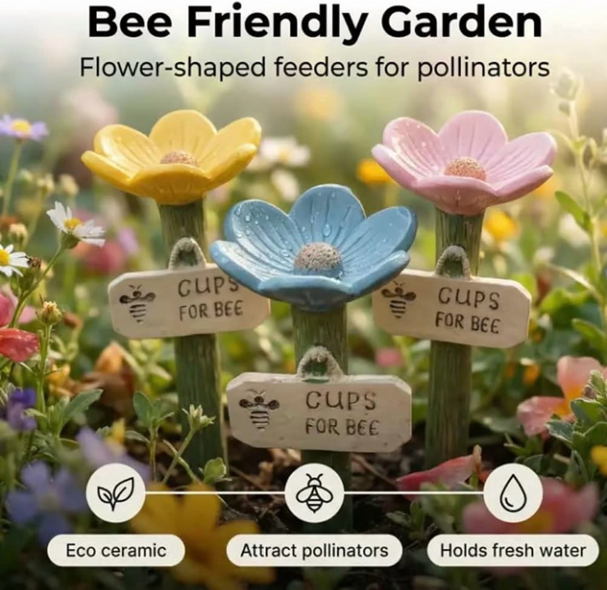 Flower-Shaped Ceramic Bee Watering Station, Hummingbird Feeder with Flower Design, Outdoor Pollinator Water Bowl with Textured Center, Bee Pollinator Feeder Drinking Cup with Stake Base(Blue)