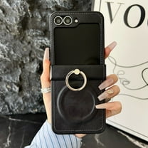 ELEHOLD Case for Samsung Galaxy Z Flip 6, Shockproof Magnetic Waxed Leather Phone Case with Built-in Ring Stand, Wireless Charging Compatible,Black