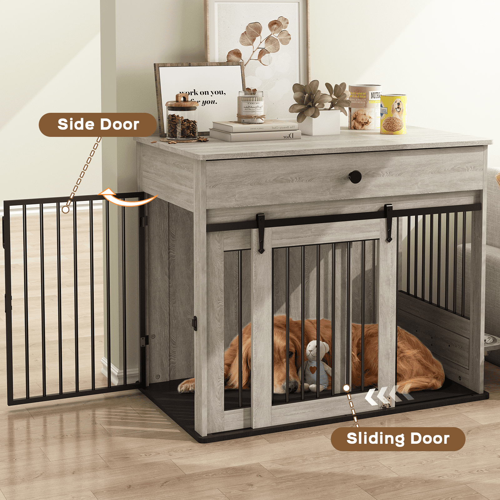 WHIFEA Modern Wooden Dog Crate Furniture with Sliding Barn Door & Side Access, Rotating Feeder Kennel for Medium-Large Dogs, Farmhouse Style, Grey