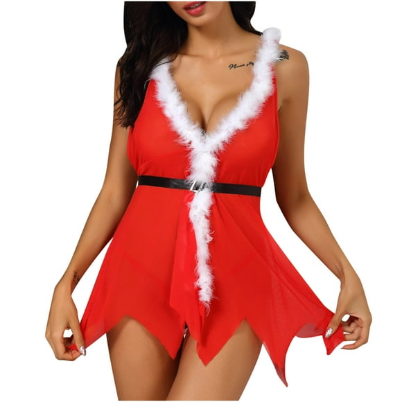 Sexy Lingerie for Women Christmas Women Sexy Lingerie Christmas Clothes Deep V Hooded Plush Stitching Nightdress Sexy Pajamas Suit