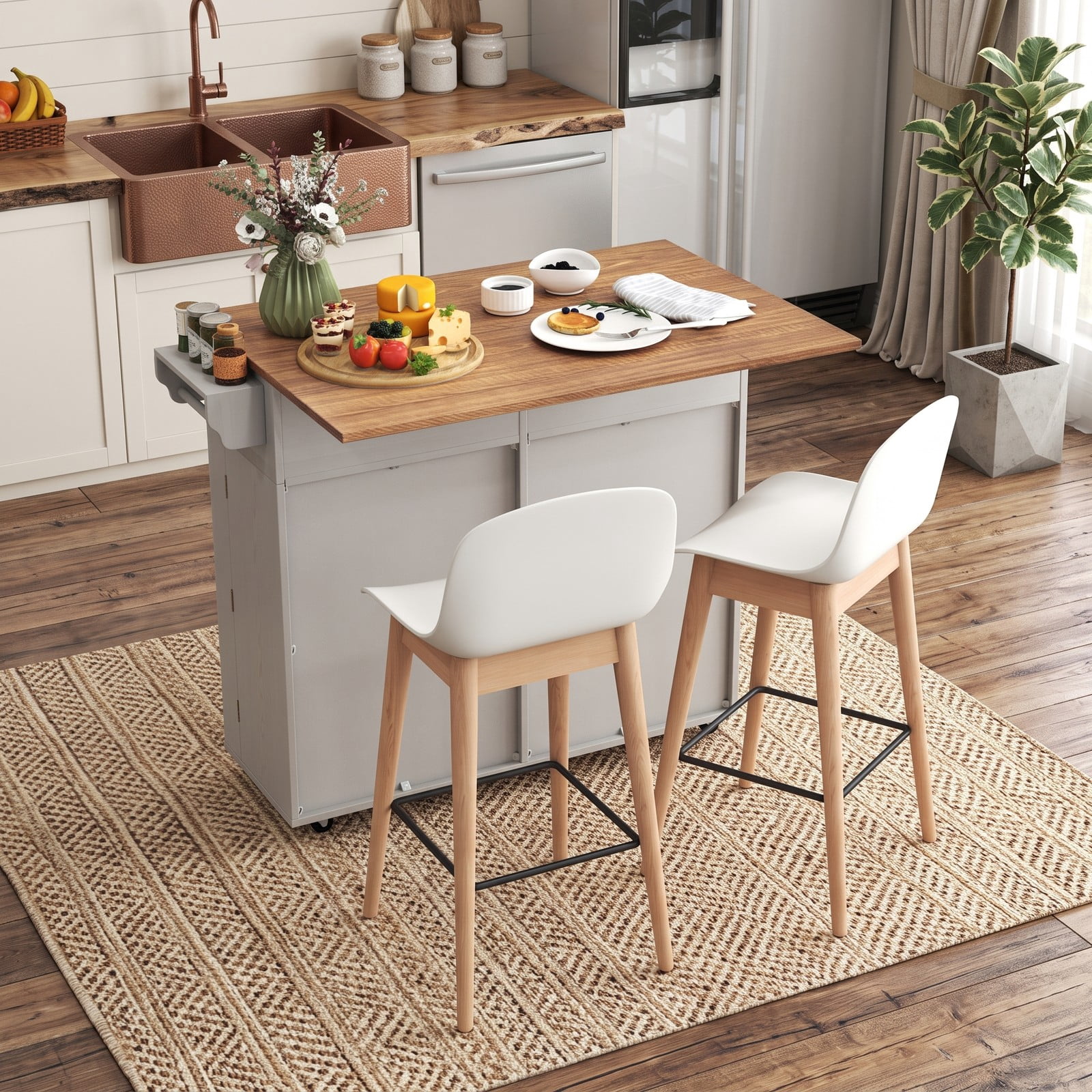 Furnibear Rolling Kitchen Island with Trash Can Cabinet, Drop Leaf Kitchen Cart with 2 Drawers, Spice and Towel Rack, Rubber Universal Wheels for Dining Room, Grey