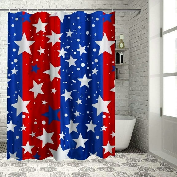 Fenyluxe Independence Day Shower Curtain Red White Blue Stars and Stripes Shower Curtains 4th of July Veterans Day Shower Curtain Sets for Bathroom with Hooks White