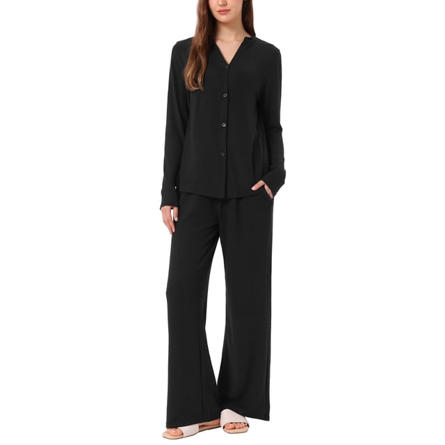 Pijamas de mujer Inspire Chic, conjuntos de pijama de manga corta con botones y pantalones, sleepwear, talla XS, negro
