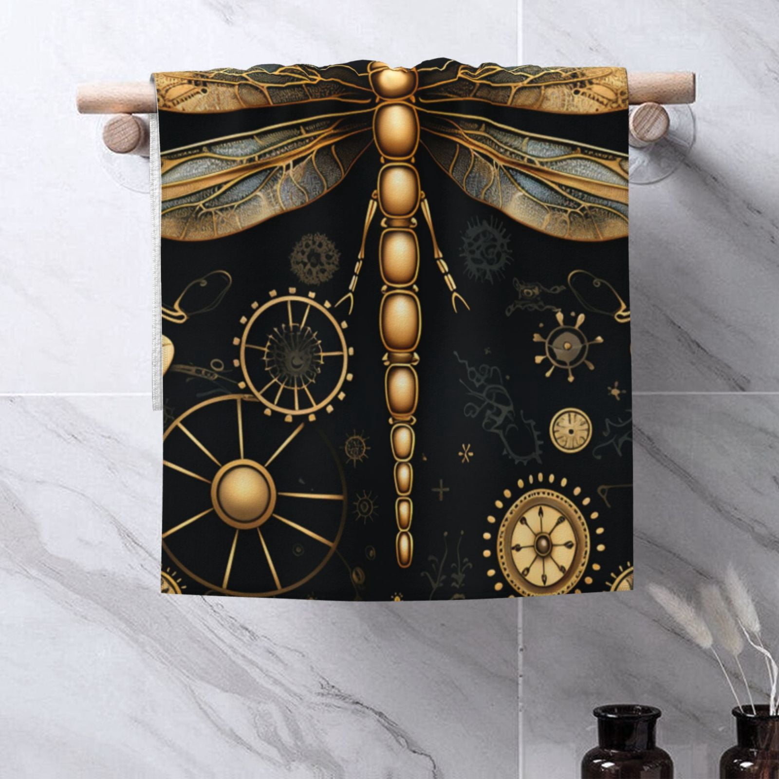 Gold Steampunk Dragonfly Black Golden 27.5" x 16" Ultra Soft Hand Towel, Face Wash Cloth for Bathroom, Gym, Travel, Pool