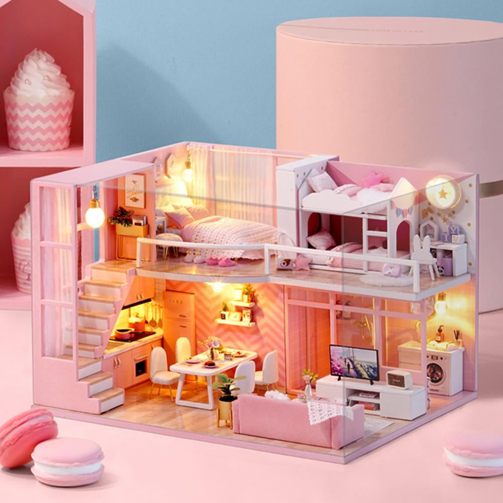 DIY Handcraft Miniature Project Kit Wooden Dolls House Pink Little Loft House 