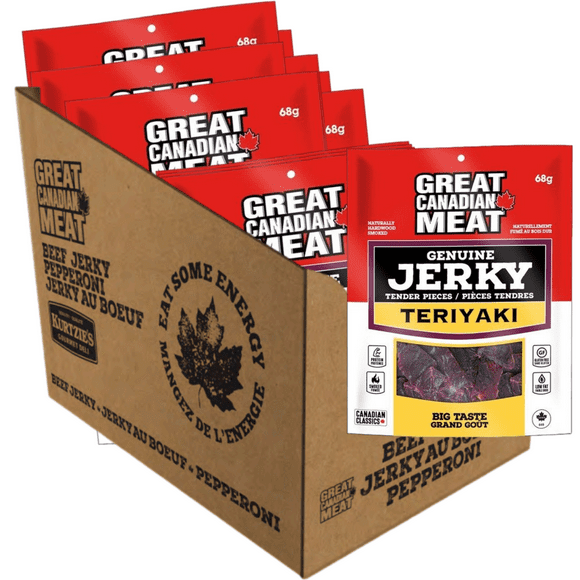 Great Canadian Meat Bulk Teriyaki Beef Jerky Pack - 10 x 68g Bags (680g) - High Protein, Low Fat, Gluten Free Snacks - Perfect for Snacking, Hiking, Workouts - Made in Canada