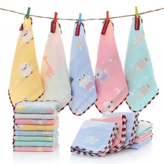 Toalla cuadrada de algodón puro de 10 piezas, toalla pequeña de seis capas, overlock aleatorio, toalla cuadrada de 25 × 25