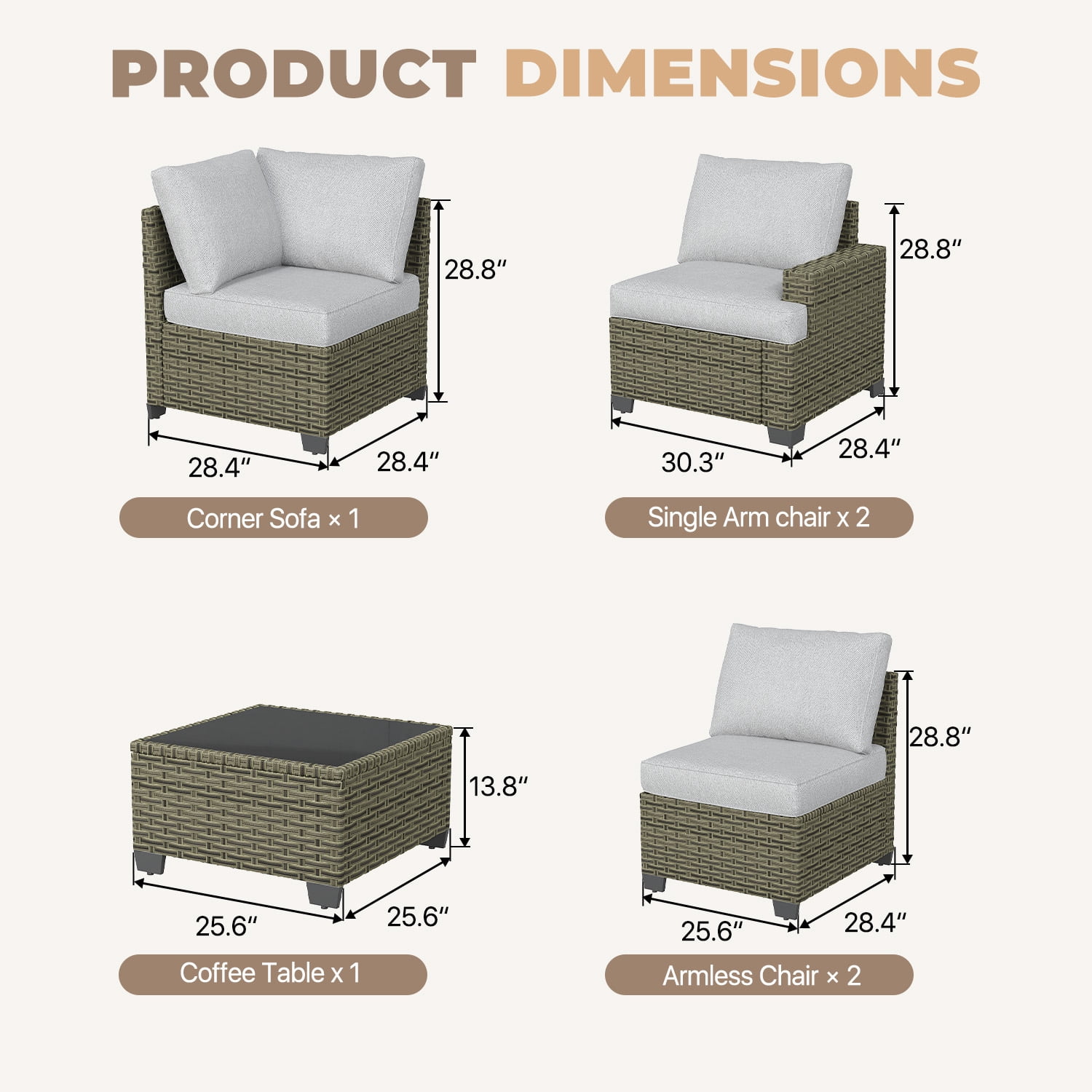 BaPiPro 6-Piece Outdoor Rattan Modular Sectional Sofa Set with High Resilience Gray Cushions and Easy-Clean Tempered Glass Coffee Table, Flexible Configuration for Garden, Backyard & Patio