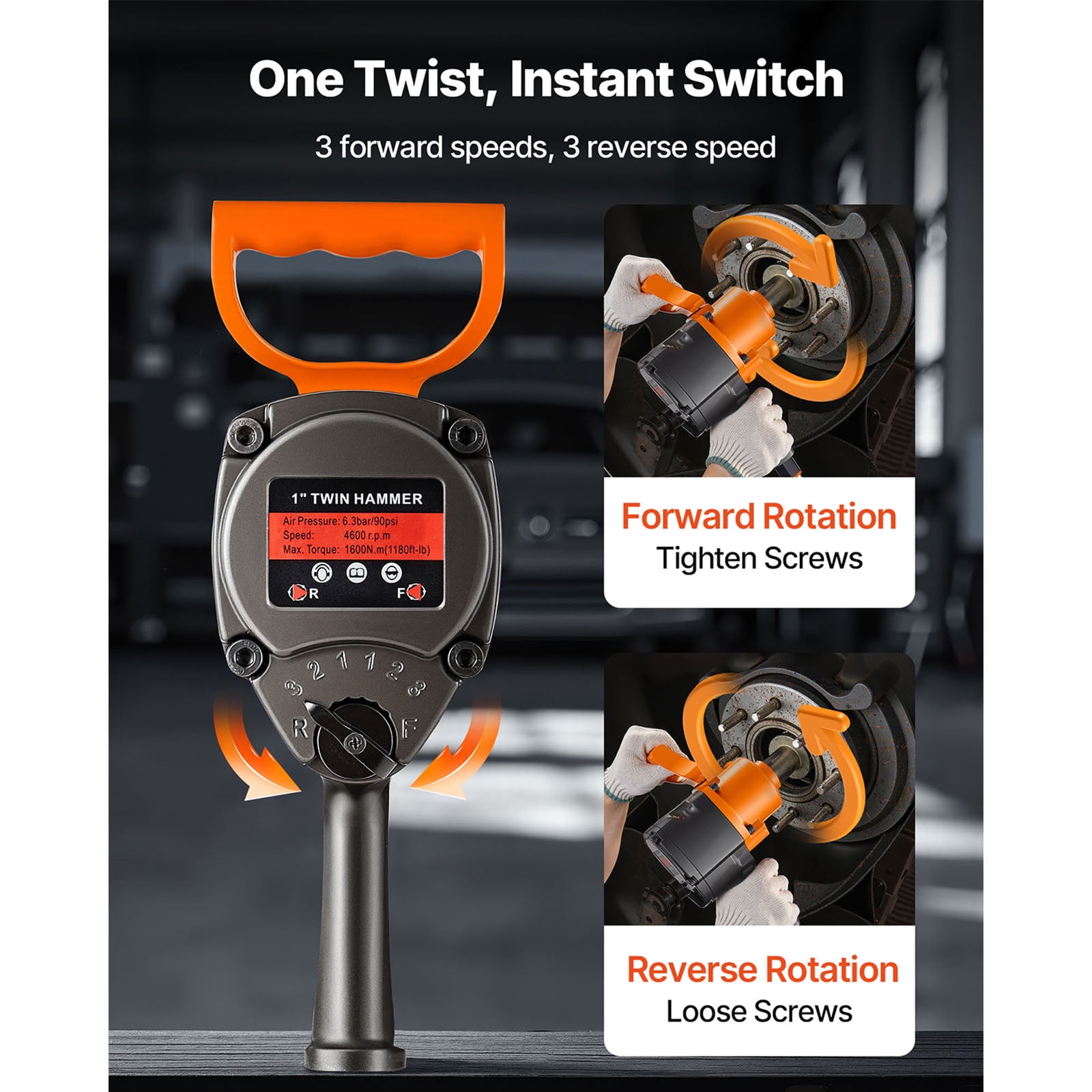 KFFKFF 1-Inch Pneumatic Impact Wrench, Twin Hammer Mechanism, Delivers Up to 1200 ft-lbs Reverse Torque, 4600RPM with 6 Adjustable Speeds for Heavy-Duty Automotive Repairs and Maintenance