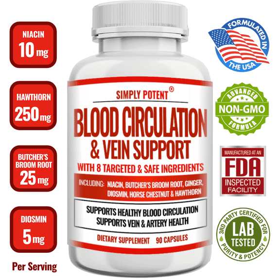 Simply Potent Blood Circulation & Vein Support Supplement for Women — 90 Capsules | Varicose & Spider Vein, Leg Swelling & Lymphatic Drainage Support | Horse Chestnut, Diosmin, Butcher's Broom, Hawth