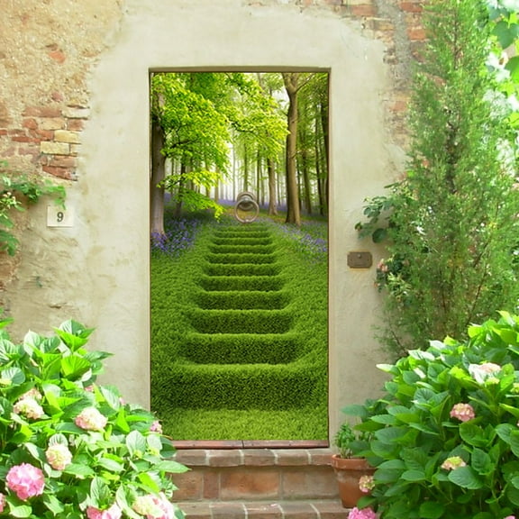3D Door Stickers for Interior Doors Green Grass Lawn Stairs in Forest Vinyl Waterproof Self Adhesive Door Mural Decals for Bedroom Office Bathroom,SP-F542,S(38.5x200cmx2Pcs)