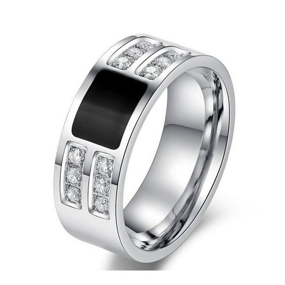 Men's Ring Squared Onyx Diamonds Stainless Steel Enamel and Cubic Zirconia Comfort Fit Wedding Band
