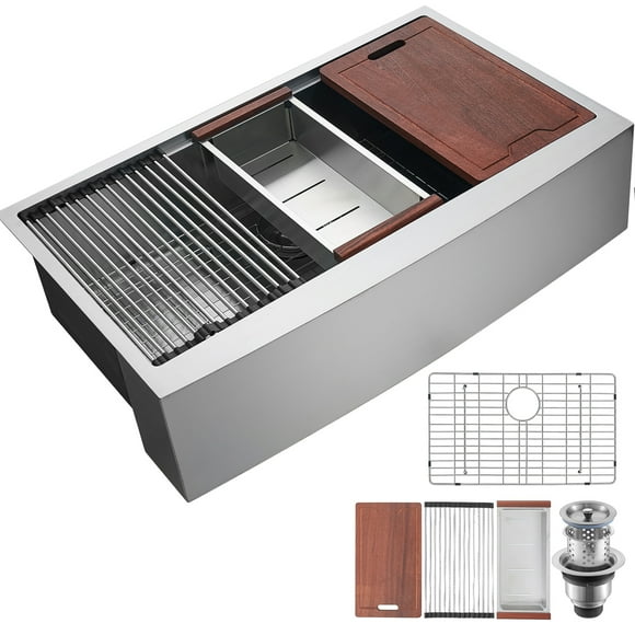 KFFKFF Country-Style Kitchen Sink, Crafted from 304 Stainless Steel, Features a Drop-In Design, Single Bowl with Ledge, Includes Accessories, Ideal for Home Dishwasher, 30 inch