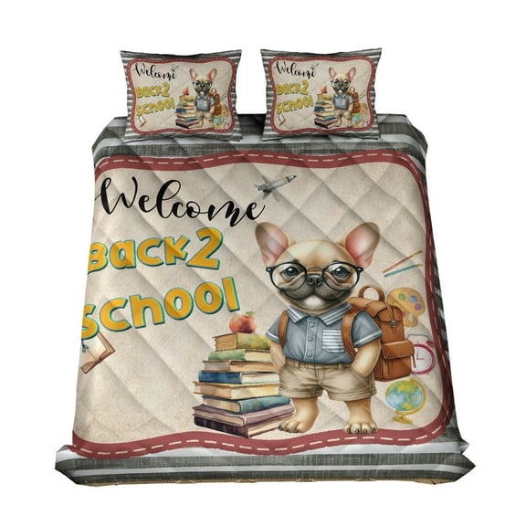 Welcome French Bulldog Back to School Vintage Retro Quilt Bedding Set Dog Lover Gifts 1 Blanket Bed Cover 2 Pillowcases - 02012