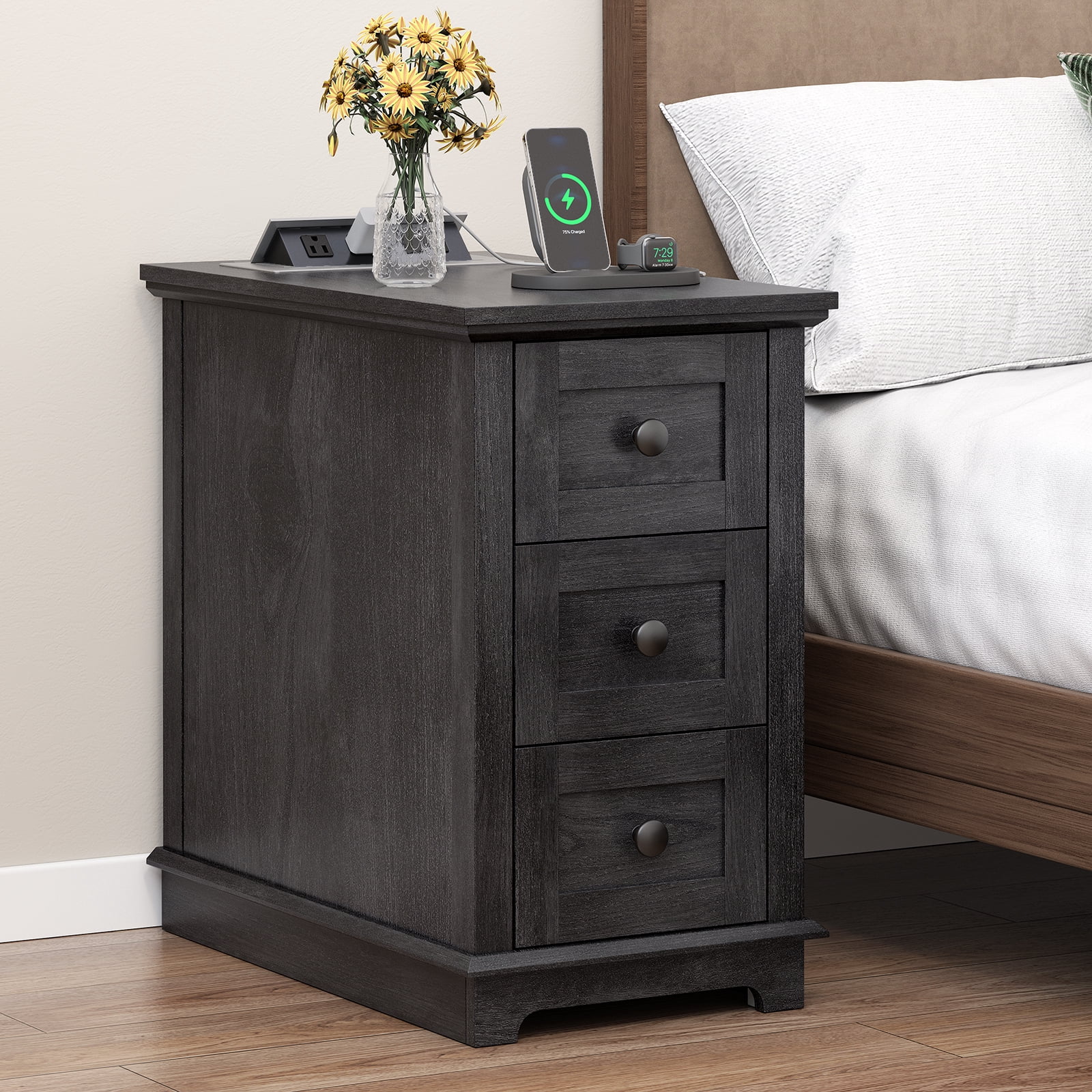 FAGAGA End Table with 3 Drawers for Living Room,Nightstand Sofa Side Table with Charging Station,Black
