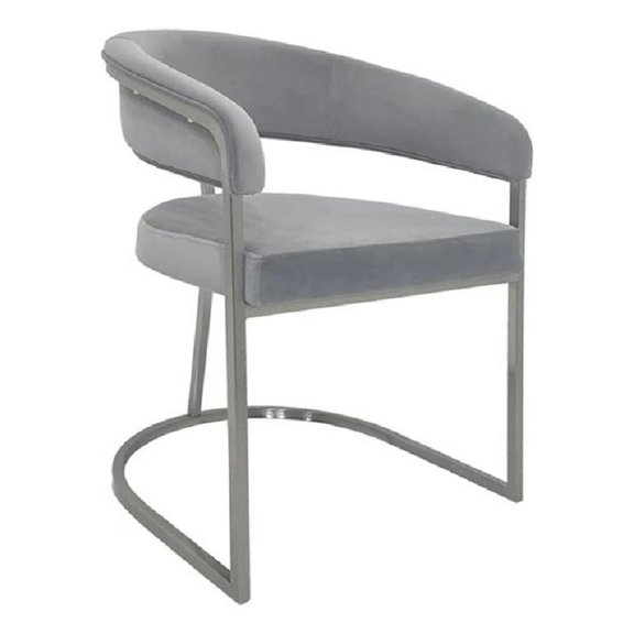 Benjara Dining Chair- Curved Padded Gray Velvet Backrest- Gold Cantilever Base