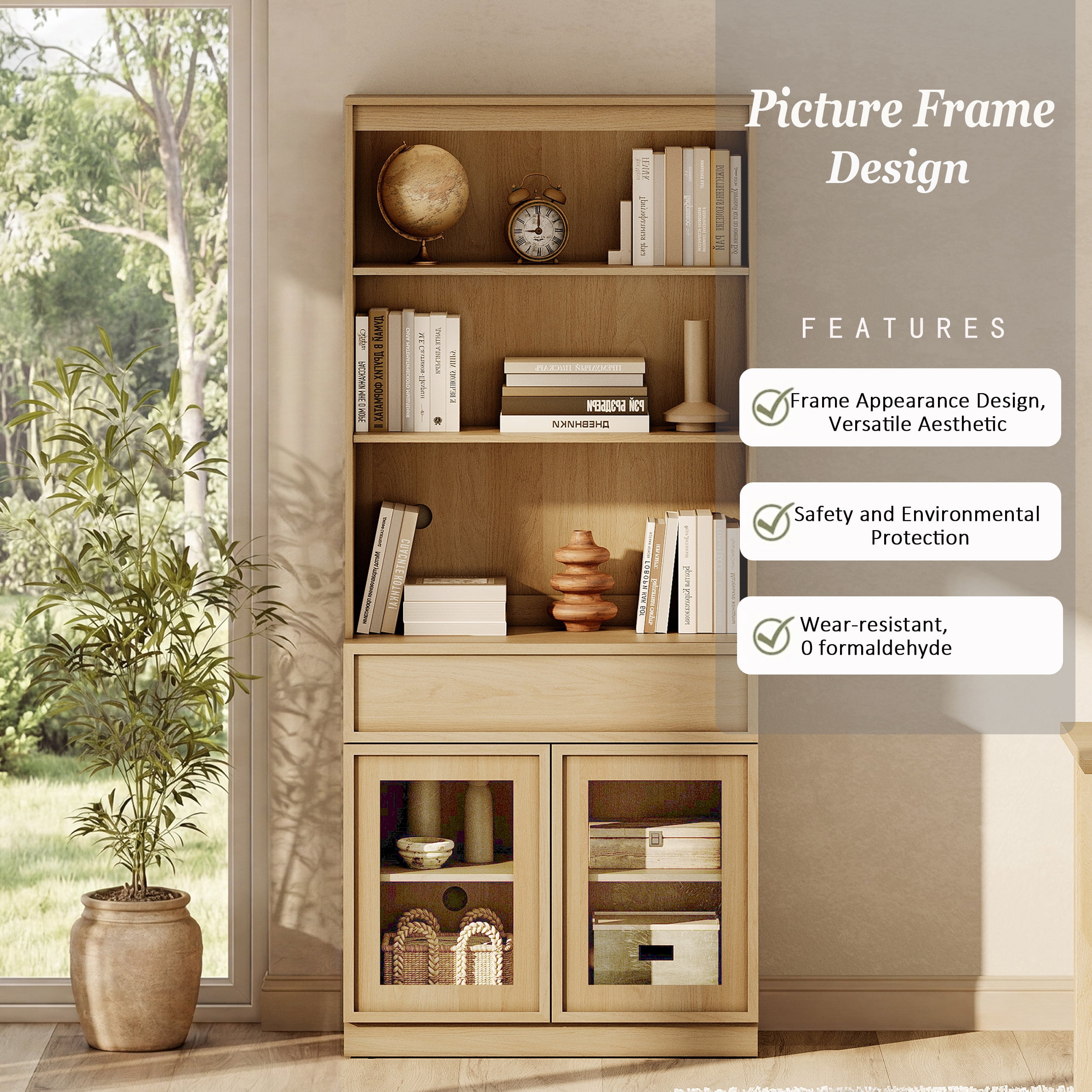 Modern 72" Tall Bookshelf with Glass Doors & Drawers, Library Bookcase with Storage Cabinet and Open Shelves,Oak