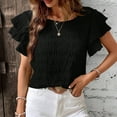 thumbnail image 4 of Fesfesfes Women's Casual Wrinkle Tops New Summer Short Ruffle Sleeves T-Shirt Round Neck Textured Fabric Flowy Tee Solid Color Outdoor(Black,2XL), 4 of 7