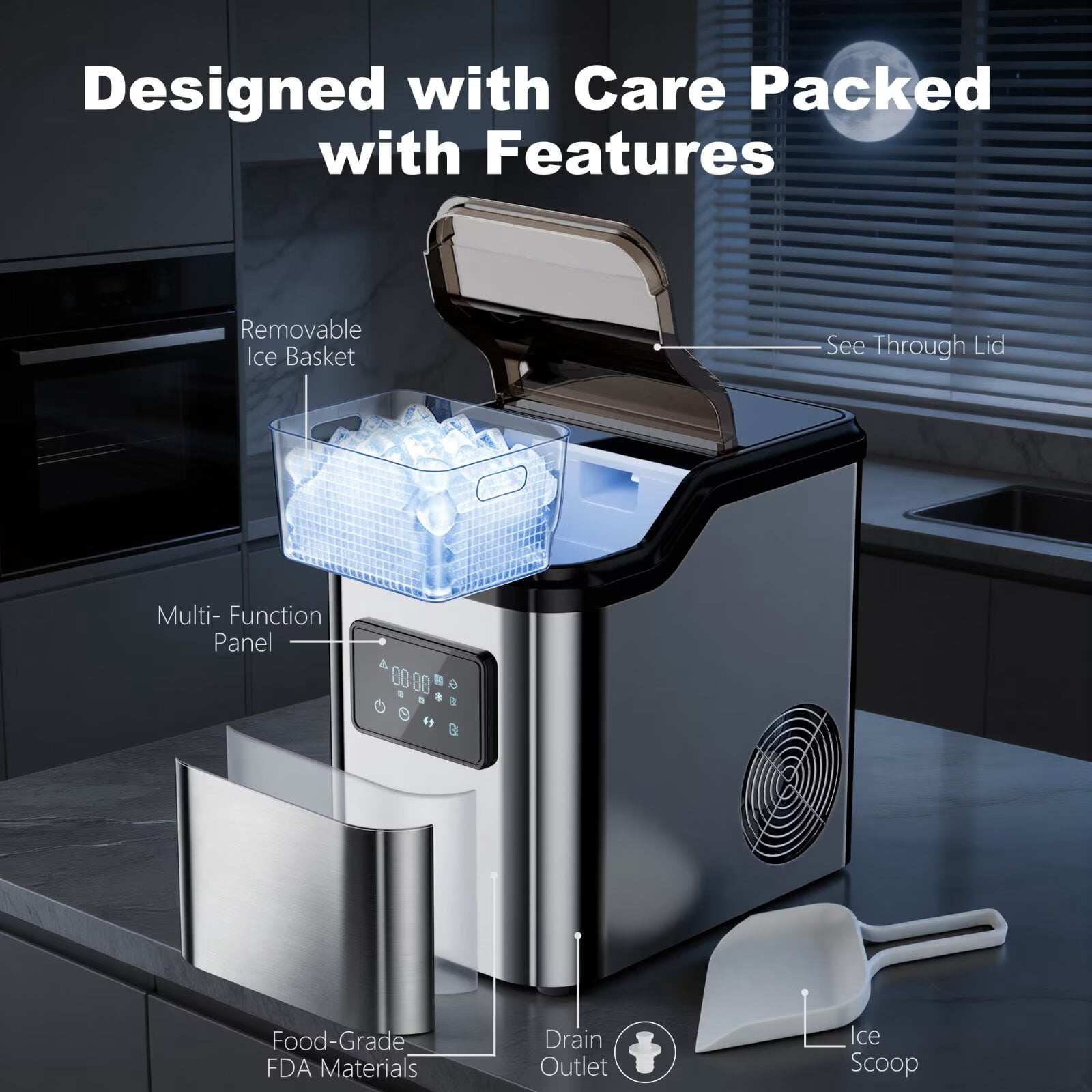 Nugget Ice Makers Countertop, 45lbs/Day Portable Pebble Ice Machine with Crushed Ice, Self-Cleaning, Pellet Ice Makers with Chewable Sonic Ice for Home, Kitchen, Camping, RV, Office