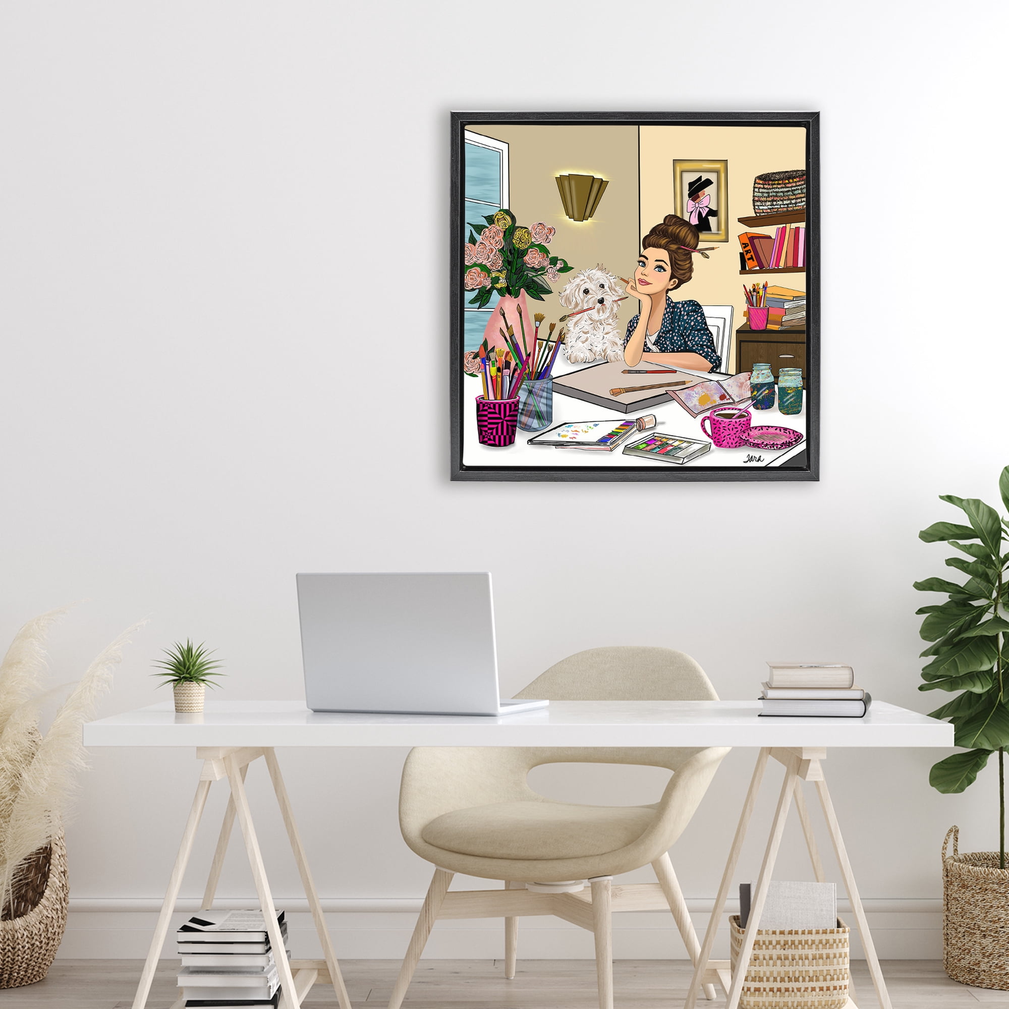Stupell Industries Creative Art Girl at Desk Black Framed Floater Canvas Wall Art, design by Tara Boone