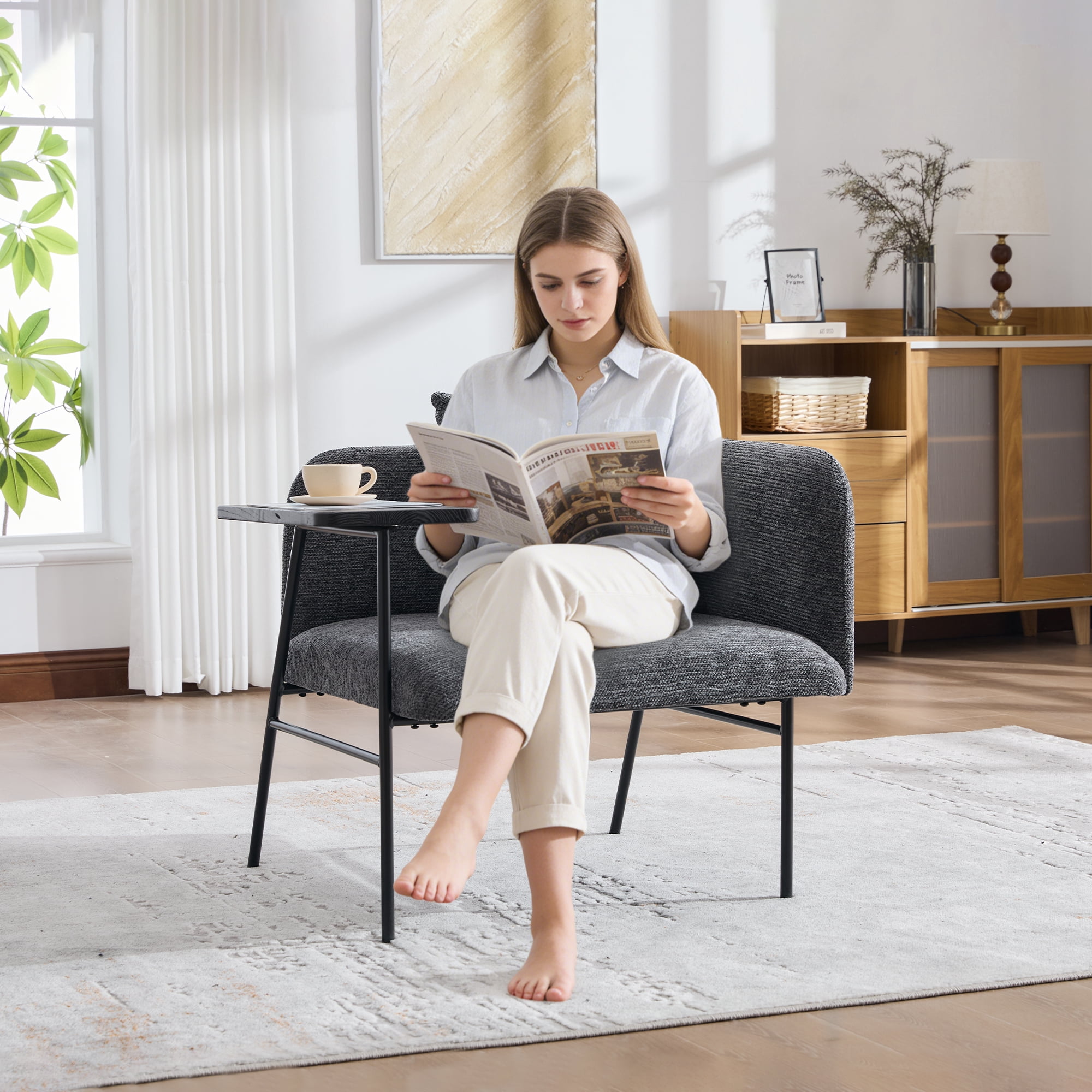 Leisure Chair, Lounge Relaxing Chair with Small Table and Back Pillow, Modern Upholstered Chairs with Metal Legs and Side Pockets, Single Sofa for Living Room/Bedroom/Garden