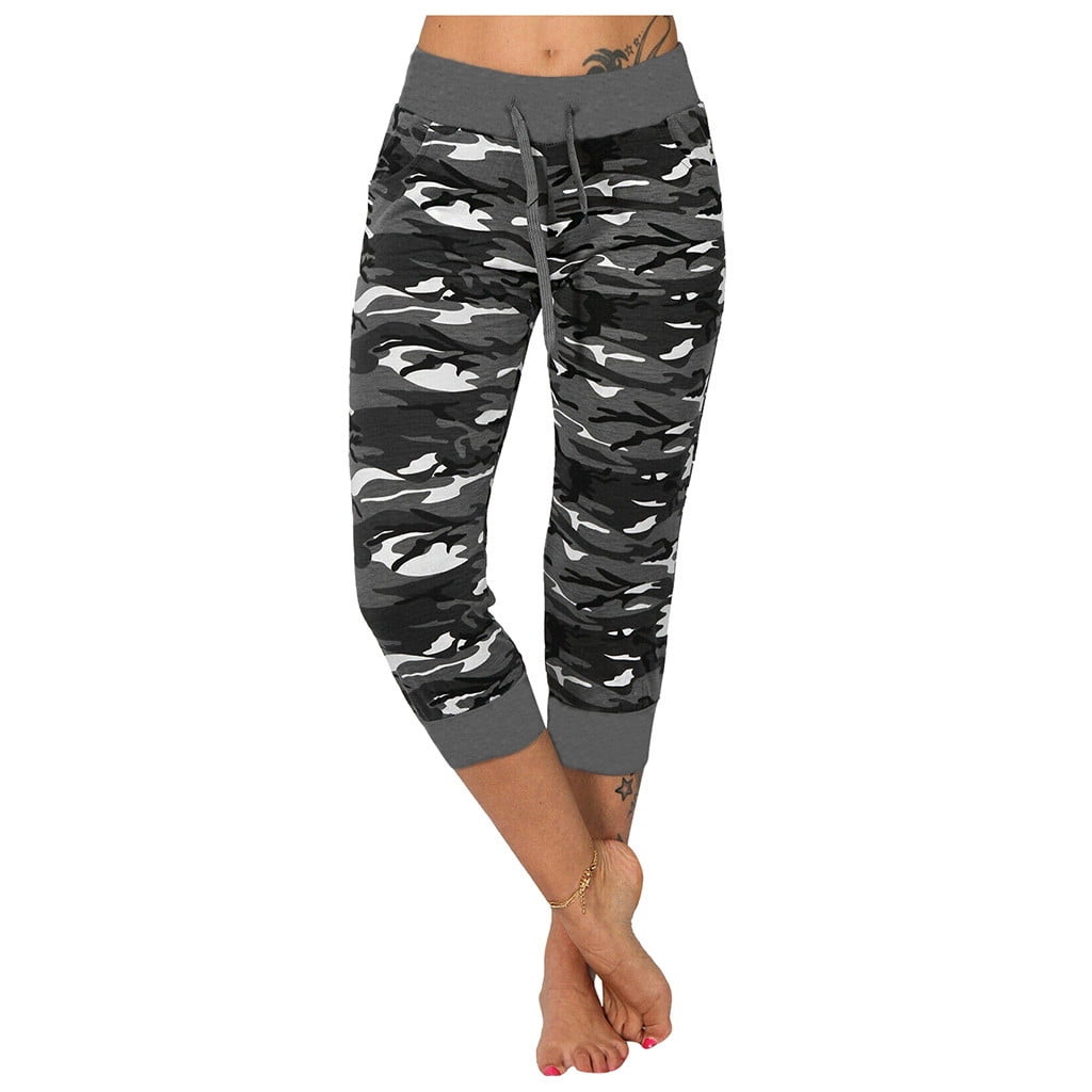 JWZUY Womens Camo Capris Workout Yoga Pants High Waisted Capri Leggings  Drawstring Sweatpants Fitness Athletic Joggers 1-Gray XXL