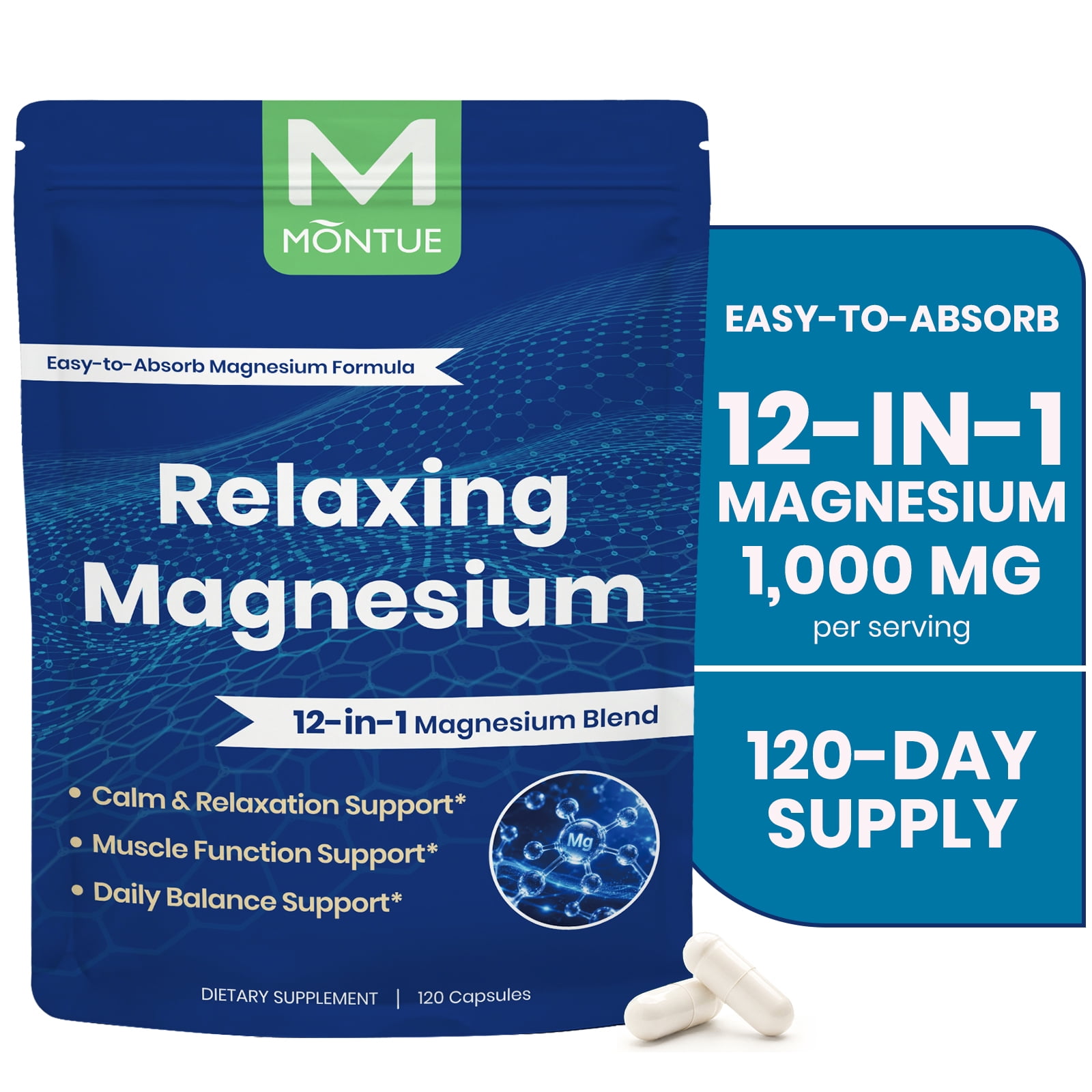 MONTUE Magnesium Supplement Capsules, 12-in-1 Magnesium Complex with Vitamin D3 Zinc, 120 Count