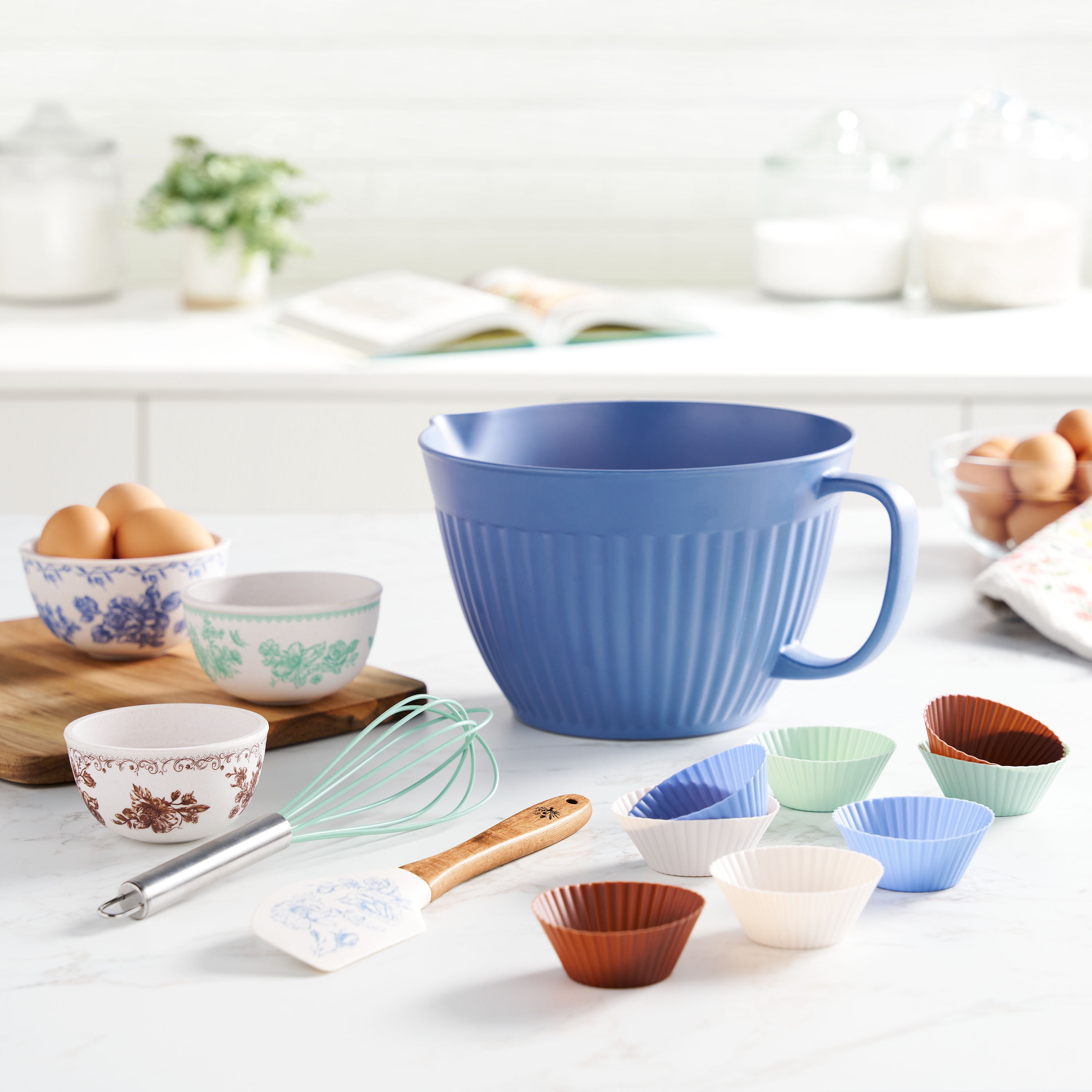 The Pioneer Woman Delilah 14-Piece Bamboo Melamine Batter Bowl Set, Blue