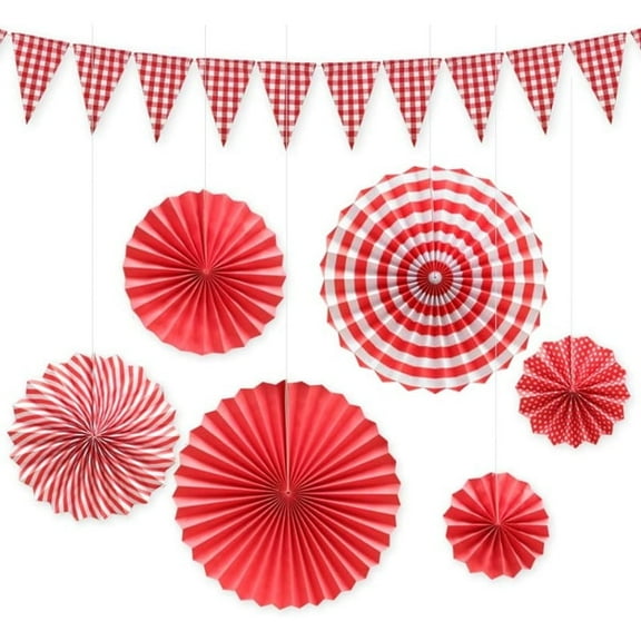 7Pcs Red White Checkered Gingham Hanging Triangle Flags Banners Paper Fans Flower Backdrops Set for Spring Theme Party Picnic BBQ Birthday Wedding Party Home Shop Garden Outdoor Decorations