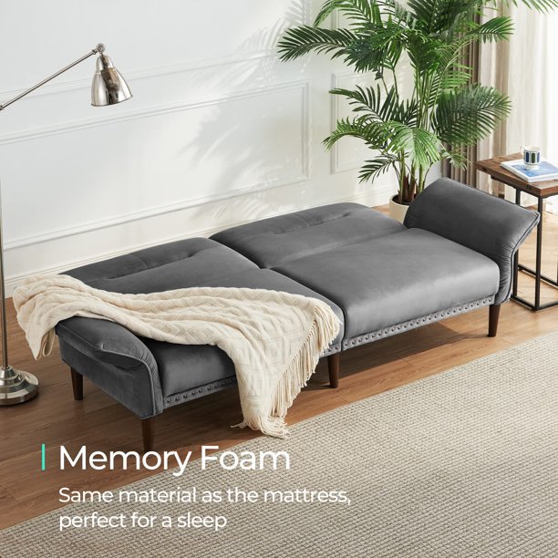 LINSY HOME Velvet Futon Sofa Bed, Memory Foam Couch Convertible Futon