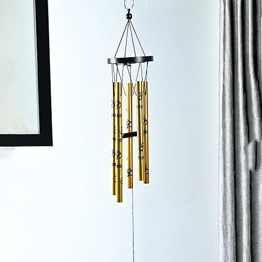 Feng Shui Metal Wind Chime with Om Design - 5-Pipe Golden Hanging Bells for Positive Energy | Good Luck Chimes for Home & Balcony Décor