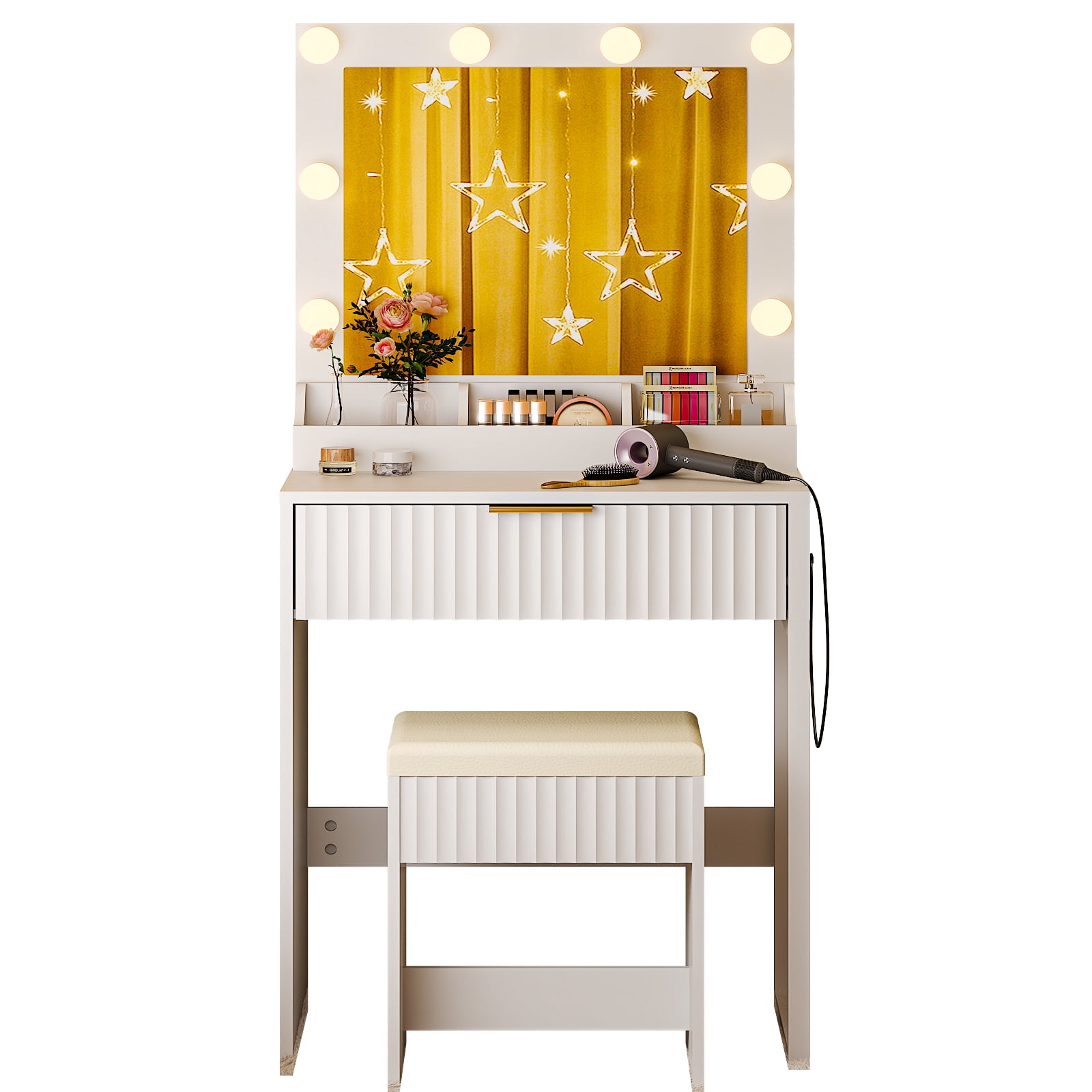 Dressing Table Set with Stool, 1 Drawer, 3 Storage Compartments, 8 Tri-Color LED Bulbs, Power Strip, White
