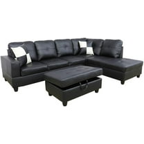 Faux Leather Right Facing Sectional Sofa With Ottoman, Living Room Storage Sectional Futon, Black
