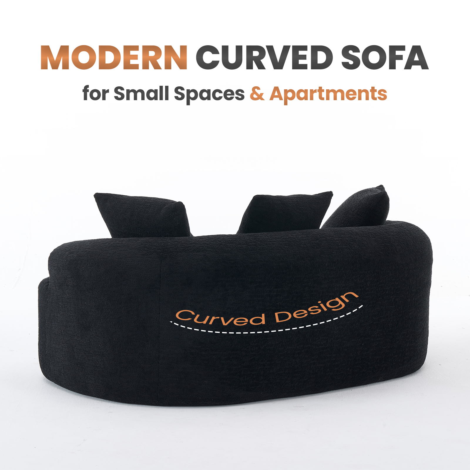 Loveseat Sofa, 65" Modern Minimalist Curved Loveseat Couch 2 Seat No Assembly Deep Seat Sofa with 3 Pillows for Living Room and Small Spaces, Black