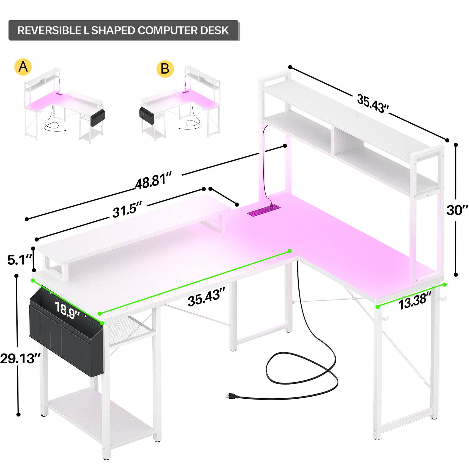 Homieasy L Shaped Computer Desk with Power Outlets & LED Lights, Ergonomic Gaming Desk with Monitor Stand & Storage Shelf, Reversible Corner Desks Home Office Desk with Storage Bag, White