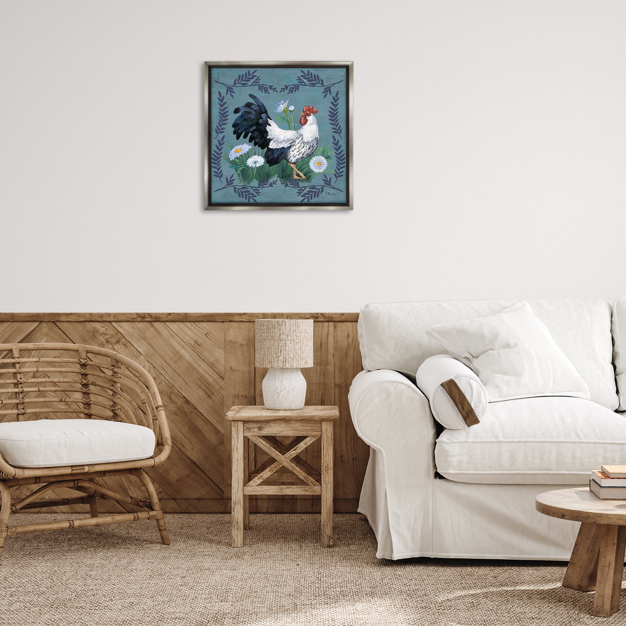 Stupell Industries Ferns & Rooster Animals & Insects Painting Gray Floater Framed Canvas Art Print Wall Art, 25 x 25